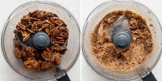 two pictures side by side of food in a blender, one with pecans and the other without