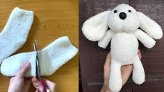 someone is cutting the fabric off of a stuffed animal and then using scissors to cut it