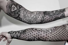 two arm tattoos with geometric designs on them