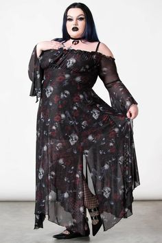 Mystic Meadow Mesh Maxi Dress [PLUS] | Killstar Witchy Fashion Plus Size, Chubby Goth, Off Shoulder Sleeves, Review Clothing, Bardot Style, Dress Lining, Patch Dress, Romantic Goth, Hanky Hem