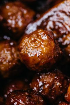 close up view of meatballs with sauce on them