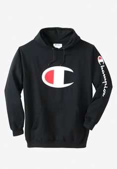 Champion® Large Logo Hoodie | King Size Logo Cotton Hoodie For Fall, Fall Logo Sweatshirt In Athleisure Style, Fall Cotton Logo Hoodie, Fall Cotton Hoodie With Logo, Logo Cotton Hoodie In Athleisure Style, Sporty Logo Hoodie With Relaxed Fit, Sporty Relaxed Fit Hoodie With Logo, Black Cotton Hoodie With Logo, Black Cotton Sweatshirt With Logo