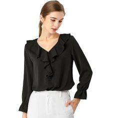 Cheap Black Blouse With Ruffles, Cheap Black Ruffled Blouse, Women Ruffle Blouse, Women's Office, Burmese Clothing, Women Chiffon Blouse, Chiffon Tops Blouses, Vintage Blouse, Chiffon Long Sleeve