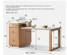 a table with measurements for the top and bottom part of it, as well as an open drawer