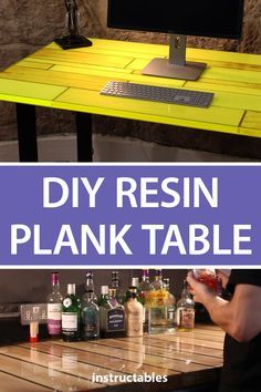 the diy resinin plank table is made from an old computer desk and has been painted