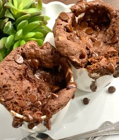 two chocolate muffins on a white plate next to a green plant and silverware