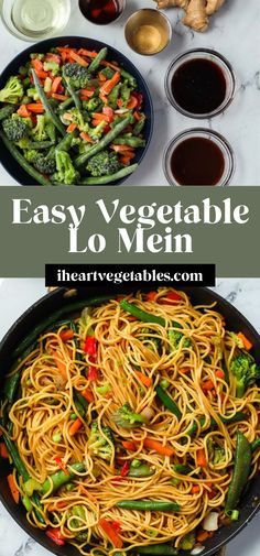 easy vegetable lo mein in a skillet with broccoli and carrots on the side