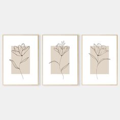 three framed art prints with flowers on them