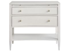 a white nightstand with two drawers and one drawer on the bottom, in front of a white background