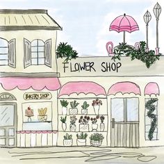 a drawing of a flower shop with pink umbrellas