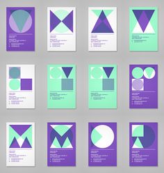 six different types of business cards with purple and green shapes on them, all in various colors