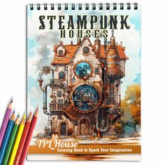 TPLHOUSE Steampunk Houses Coloring Book for Adults Steampunk Architecture, The Waiting Room, Steampunk House, Calming Activities, Detailed Coloring Pages, World Of Imagination, Victorian Steampunk, Coloring Book For Adults, Spiral Binding