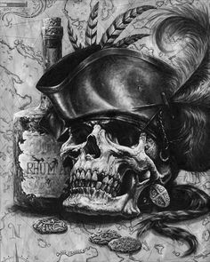 a drawing of a skull wearing a pirate hat and holding a bottle with the word rum on it