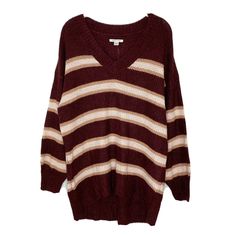 American Eagle Pullover V Neck Sweater Striped Women's Size Xs B6 Bust 23” Waist 23” Length 29-32” Casual Brown V-neck Sweater For Layering, Cozy Brown Knit V-neck Sweater, Casual Burgundy V-neck Sweater, Oversized Brown Sweater For Layering, Oversized Long Sleeve Burgundy Sweater, Oversized Burgundy Long Sleeve Sweater, Burgundy V-neck Sweater For Fall, Blush Pink Sweater, Mustard Sweater