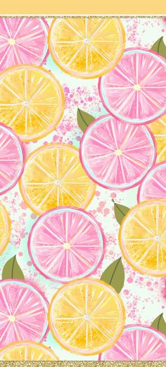 an image of lemons and grapefruits on a pink background with gold glitter border