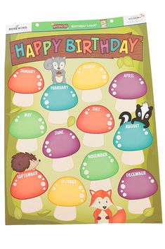 a birthday card with mushrooms and animals on it