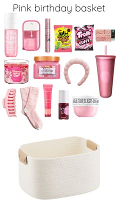 pink birthday gift basket with items for the girl in her life and text overlay that says, pink birthday basket