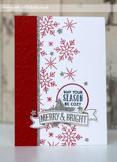 a christmas card with snowflakes on it, and the words merry and bright