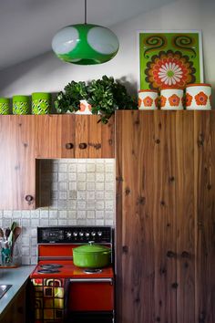 a kitchen with an oven, stove and potted plant on the top shelf above it