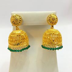 "Handmade Jhumka Earrings 22ct Micro Gold Plated secrew back Earrings Indian jewelry Pakistan Jewelry  Length:2.8\"Inches Approx  Colour:-Green Traditional Indian Wedding Jewellery Slight Colour variations possible due to difference in screen and photograph  It is a perfect match with formal attire on special occasions or with casual wearing Care instructions Keep Jewellery away from direct heat, water, perfumes, deodorants and other strong chemicals as they may react with the metal or plating. The plating composition of Jewellery is as such that  perspiration (sweat) will not damage it. Wipe Jewellery gently with chamois cloth or leather swatch after every use. Wiping the jewellery with a soft cloth after removing the jewellery would add to its life. Avoid water  exposure for all jewelry 22k Gold Chandbali Jhumkas For Anniversary, Gift 22k Gold Meenakari Jhumkas, 22k Gold Meenakari Jhumkas, Yellow Gold Round Meenakari Jhumkas, 22k Gold Traditional Jhumkas For Anniversary, Traditional 22k Gold Jhumkas For Anniversary, Yellow Gold Temple Jewelry Jhumkas For Anniversary, Anniversary Yellow Gold Temple Jewelry Jhumkas, Anniversary Yellow Gold Temple Jhumkas