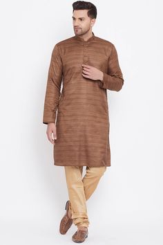 Buy Men's Blended Silk Stripe Printed Kurta Set in Coffee Striped Kurta, Matching Pyjamas, Rose Gold Top, Mens Indian Wear, Gold Color Combination, Men Coffee, Kurta Pyjama, Silk Bottoms, Utsav Fashion