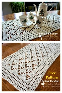 the crocheted table runner is shown with two cups and saucers on it