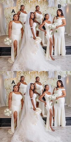 the bride and her bridal party are posing for pictures in their wedding gowns