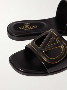 VALENTINO GARAVANI VLOGO cutout leather slides Valentino Slides, Luxury Sandals, Valentino Sandals, Shoes Ideas, Swag Shoes, Leather Slides, Lookbook Outfits, Casual Shoes Women, Leather Slip Ons