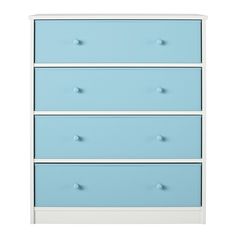 a white and blue dresser with three drawers