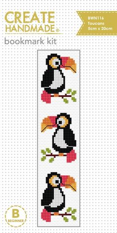 a cross stitch bookmark with two toucans on it and the words create handmade