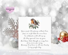 a christmas card with a bird sitting on top of it next to ornaments and snowflakes