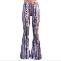 These Bell Bottom Pants Feature Our Exclusive Indigo Hamsa Print. High Waisted With A Dramatic Flare, They Are Gorgeously Flattering And Slimming On Many Body Types. Stretch Knit Material Make Them Super Comfortable And Versatile. They Can Be Worn With Many Different Tops And Shoes For A Variety Of Dressed-Up Or Dressed-Down Looks. Garment Measurements: Xs Waist 24” Rise 10” Inseam 31” S Waist 26” Rise 10” Inseam 31” M Waist 28” Rise 10.5” Inseam 32” L Waist 30” Rise 10.5” Inseam 32” Xl Waist 32 Bell Bottom Yoga Pants, Boho 70s, Boho Pants, Bell Bottom Pants, Leggings Casual, Bell Bottom, Outfit Casual, Amazon Women, Dressed Down