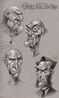 an old man's head and various facial expressions