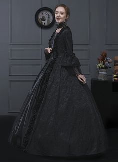 Black Jacquard Victorian Hallowen Vampire Dress     Condition: Brand New   Color:Black   Material: This dress made of High Quality Jacquard and Thick Satin, soft,smooth and comfortable to wear   Sleeve Length: Long Flare Sleeve   Dresses Length:Floor-Length   Neckline:  Square Collar   Decoration: Ruffles + Lace + Bandage   Package Includes: Dress + Neck ornament     The length of skirt about 45 inches (114 cm) long from waist to hem regardless of size. This dress is pictured with a 6-hoop Gothic Medieval Dress For Fall Costume Party, Black Gothic Dress For Fantasy Events, Gothic Black Costume For Winter, Black Gothic Costume For Winter, Gothic Victorian Dress For Halloween Costume, Gothic Victorian Dress For Halloween, Gothic Victorian Dress Costume For Halloween, Gothic Wedding Costume For Halloween, Elegant Halloween Costume For Costume Party