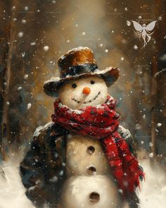 a painting of a snowman with a red scarf and hat