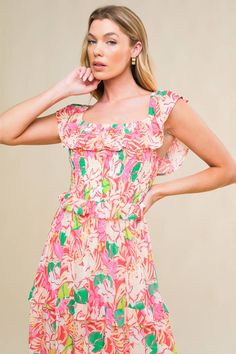 A printed woven midi dress featuring off shoulder neckline with ruffles, smocked bodice and tiered skirt with ruffles Details: Self : 100% PolyesterLining : 100% Polyester Size & Fit - Model is 5`8" And Wearing Size Small- Measurements Taken From Size Small- Approx. Length: 56" Summer Off-shoulder Smocked Dress With Ruffles, Off-shoulder Smocked Dress With Ruffles For Summer, Tiered Multicolor Smocked Dress For Summer, Vacation Midi Dress With Ruffle Hem And Square Neck, Vacation Midi Dress With Square Neck And Ruffle Hem, Square Neck Midi Dress With Ruffle Hem For Vacation, Multicolor Dress With Smocked Back And Ruffled Straps, Off-shoulder Smocked Dress With Ruffles, Multicolor Dresses With Smocked Bodice And Ruffled Straps