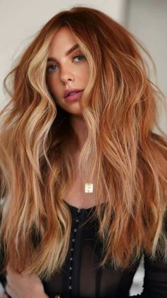 Peekaboo Red Hair Color, Long Copper Hair With Highlights, Natural Red With Blonde Money Piece, Redhead With Balayage, Level 10 Strawberry Blonde, Brown And Red And Blonde Hair, Copper Red Hair Extensions, Auburn Hair Neutral Skin, Chunky Highlights For Red Hair