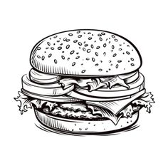 a black and white drawing of a hamburger