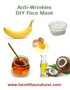 Anti Wrinkle Face Mask Recipe: banana, honey, yogurt, egg yolk, coconut oil. This simple, easy-to-make anti wrinkle facial mask contains a high amount of anti-aging and moisturizing nutrients. Anti Wrinkle Diy, Anti Wrinkle Face Mask, Banana Honey, Diy Facial Mask, Anti Wrinkle Mask, Botox Alternative, Recipe Banana, Honey Yogurt, Face Mask Recipe