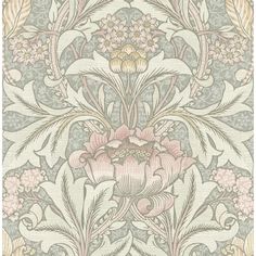 an ornate wallpaper design with flowers and leaves in grey, pink and yellow colors