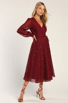 Evening of Elegance Burgundy Floral Jacquard Wrap Midi Dress Fall Wedding Guest Dress Sleeves, Burgundy Wedding Guest Dress, Wedding Guest Outfits, Under Your Spell, Fall Wedding Guest Dress, Long Sleeve Wrap Dress, Guest Attire, Wedding Attire Guest, Theme Color