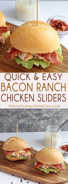 chicken and bacon sandwich sliders with ranch dressing on the side is shown in this image