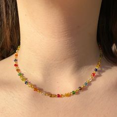 "Beautiful Handmade multicoloured iridescent seed bead rosary chain style necklace❤️   This necklace can come in a variety for sizes all with a 2 inch extendable chain for example if you chose the 14\" option it will adjust to 16\" (worn at 16\" and 18\" in photos) and the necklace is made with a tarnish resistant gold plated wire and stainless steel clasp PACKAGING  This will come in a little organza gift bag so make the perfect present!  CARE OF ITEM Avoid contact with water/liquids as this ma Rainbow Necklaces With Spacer Beads For Jewelry Making, Rainbow Crystal Necklaces With Colorful Beads For Gift, Handmade Rainbow Crystal Necklaces For Jewelry Making, Crystal Necklaces With Spacer Beads For Jewelry Making, Rainbow Choker Jewelry As A Gift, Rainbow Choker Jewelry As Gift, Adjustable Rainbow Beaded Necklace With Beaded Chain, Rainbow Beaded Chain Necklace For Festivals, Rainbow Beaded Crystal Necklace In Spiritual Style