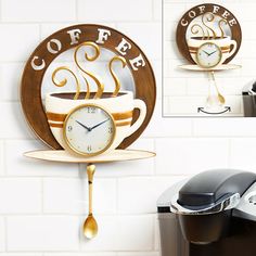 there is a clock on the wall next to a coffee cup and saucer that says coffee