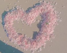 a heart shape made out of flowers on the ground with petals scattered all over it