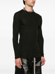 Rick Owens ribbed-knit Virgin Wool Jumper - Farfetch Wool Tops With Ribbed Neckline For Fall, Ribbed Wool Crew Neck Top, Woolen Ribbed Crew Neck Top, Green Wool Crew Neck Top, Ribbed Merino Wool Crew Neck Top, Merino Wool Ribbed Crew Neck Top, Long Sleeve Ribbed Merino Wool Top, Ribbed Merino Wool Long Sleeve Tops, Wool Jumper