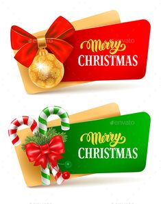 two christmas banners with candy canes and bows on white background - holidays seasons greeting cards