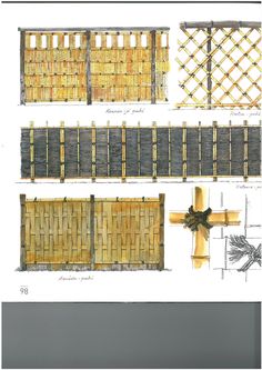 four different types of bamboo fences with designs on each side and the same type of wood fence