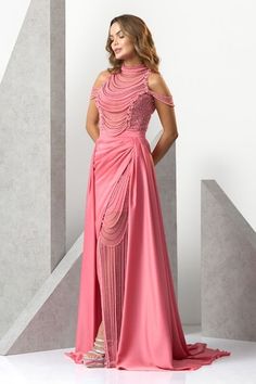 Pink sheer gown with monochrome pearl embroidery and detachable satin trail. - Aza Fashions Sleeveless Gown With Fitted Bodice For Reception, Evening Dress With Pearl Embroidery And Fitted Bodice, Pearl Embroidered Evening Dress For Gala, Sleeveless Evening Dress With Fitted Bodice For Reception, Elegant Satin Gown For Reception, Fitted Satin Dress For Reception, Elegant Satin Dresses For Reception, Sleeveless Dress With Fitted Bodice For Reception, Fitted Bodice Evening Dress With Pearl Embroidery For Gala