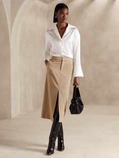 Vasto Italian Wool Midi Skirt | Banana Republic Chic Midi Skirt Outfit, How To Style Silk Midi Skirt, Long Work Skirt, Womens Business Casual Skirt, Long Skirt Business Outfit, Chic Skirt Outfits Classy, Tan Skirt Outfit Winter, Banana Republic Outfits 2023, Khaki Midi Skirt Outfits